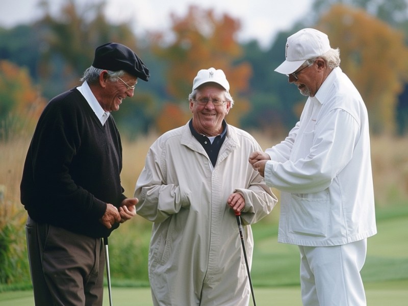 Drei Männer stehen beim Golfspielen zusammen und lachen.