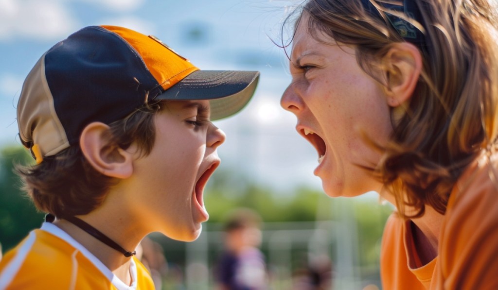 Ein Foto einer Mutter, die ihren Sohn beim Schulsport anschreit.