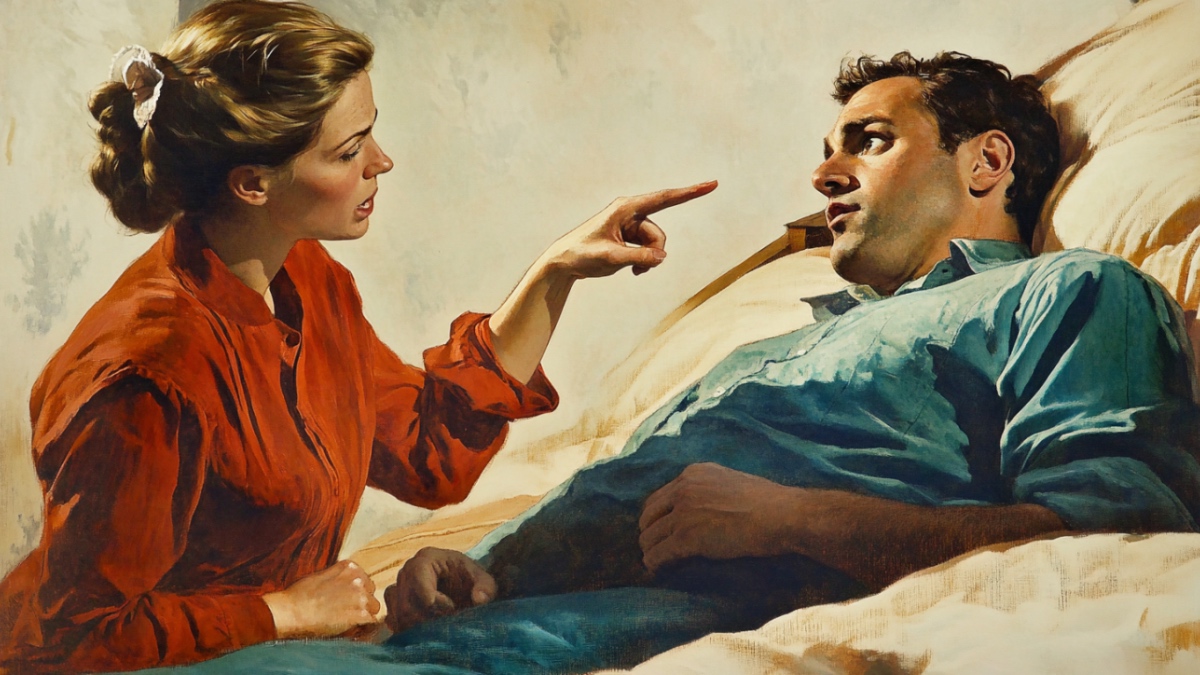 Eine Frau zeigt mit dem Finger auf einen Mann, der in seinem Bett liegt. (KI-generiert)