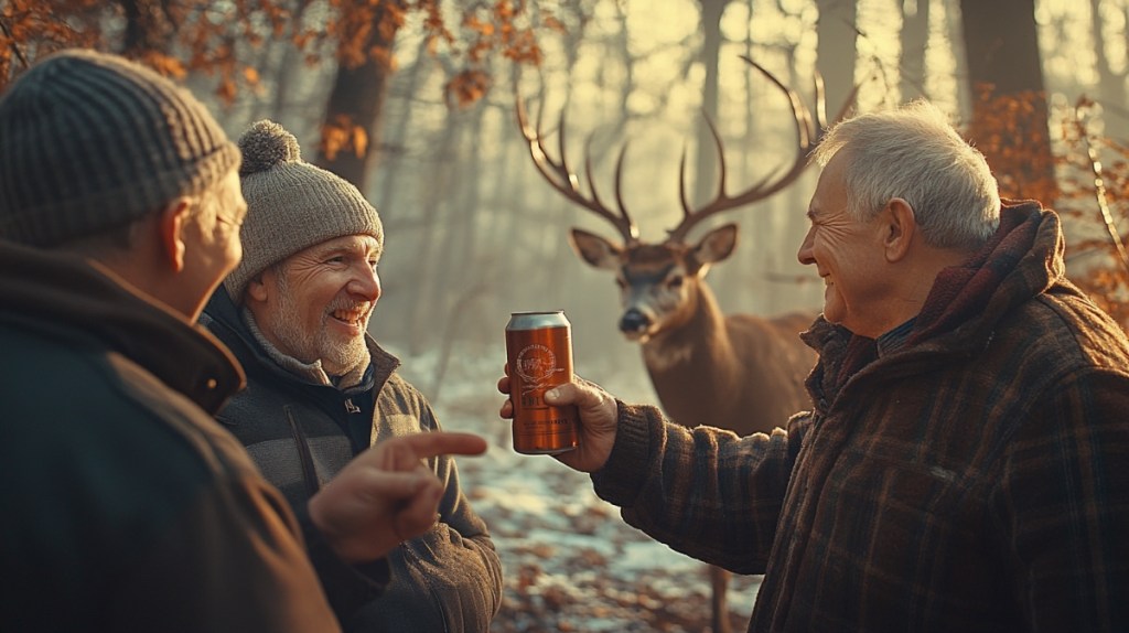 Drei Männer in ihren 60ern trinken in einem Wald auf der Jagd ein Bier. Im Hintergrund ist ein Hirsch zu sehen.