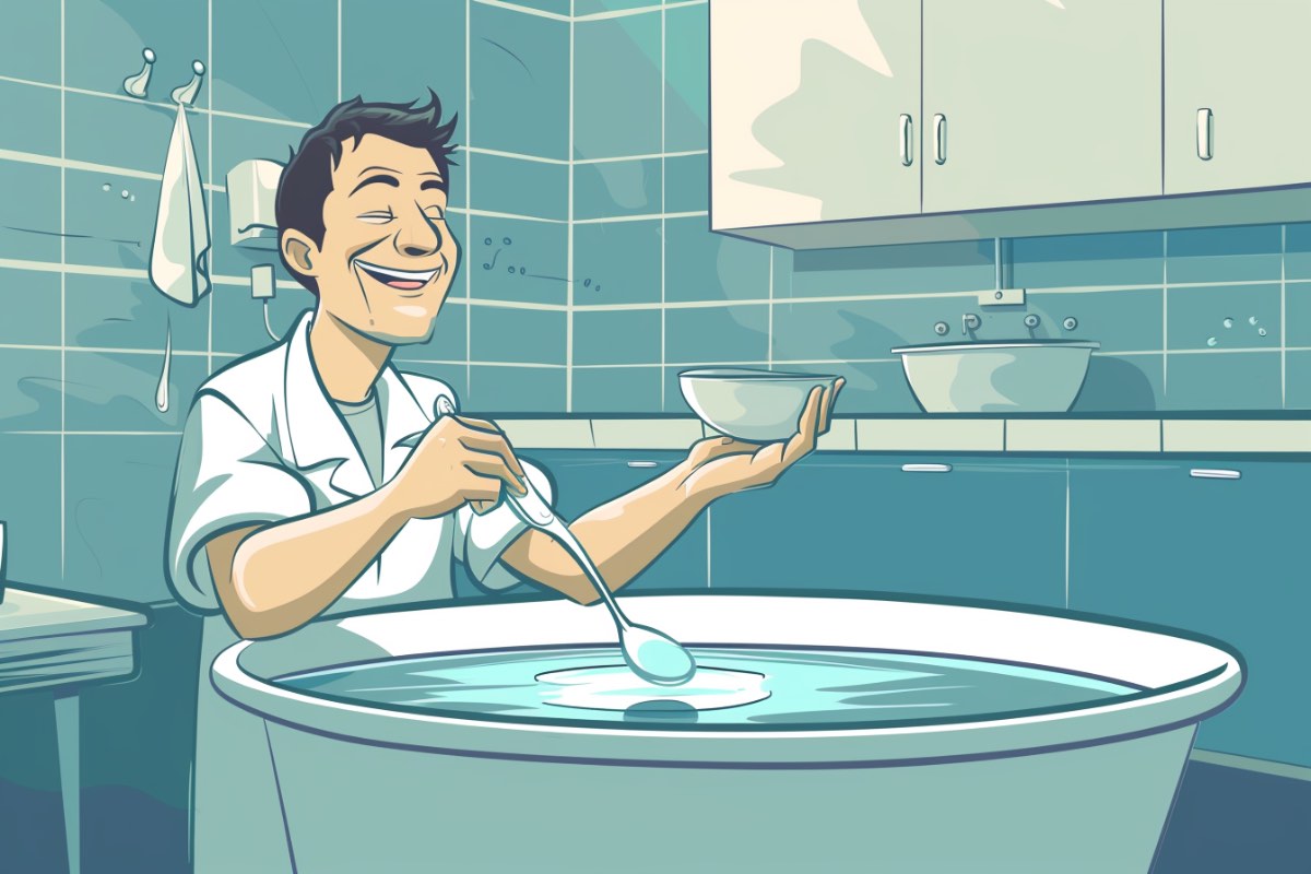 Eine Illustration von einem Patienten in einer Klinik, der mit einem Löffel das Wasser einer Badewanne ausschöpft.