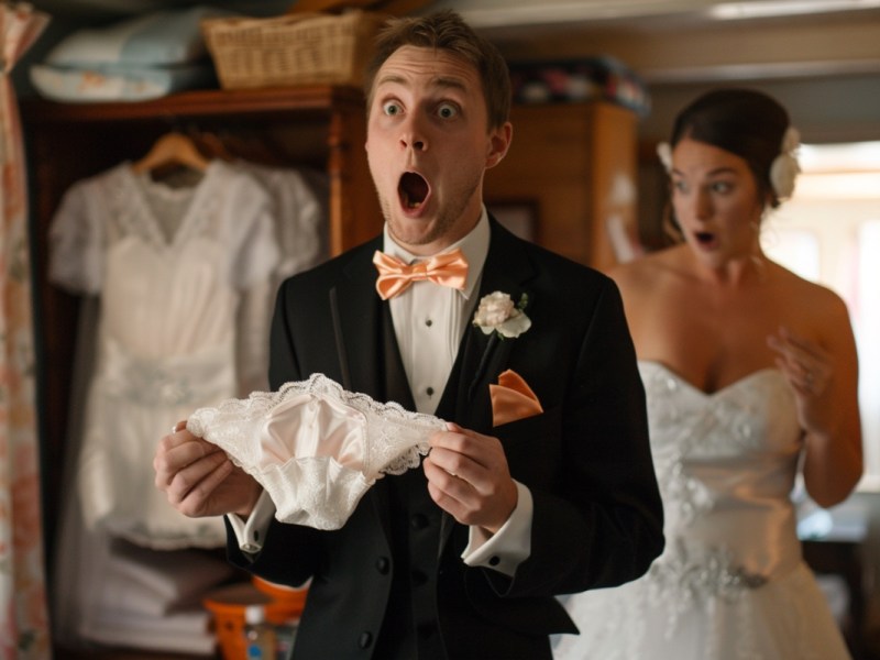 Ein Bräutigam hält mit überraschtem Gesichtsausdruck die Unterwäsche seiner Braut in den Händen.