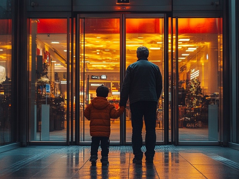 Ein Vater und ein Sohn stehen vor einem Einkaufszentrum. (KI-generiert)
