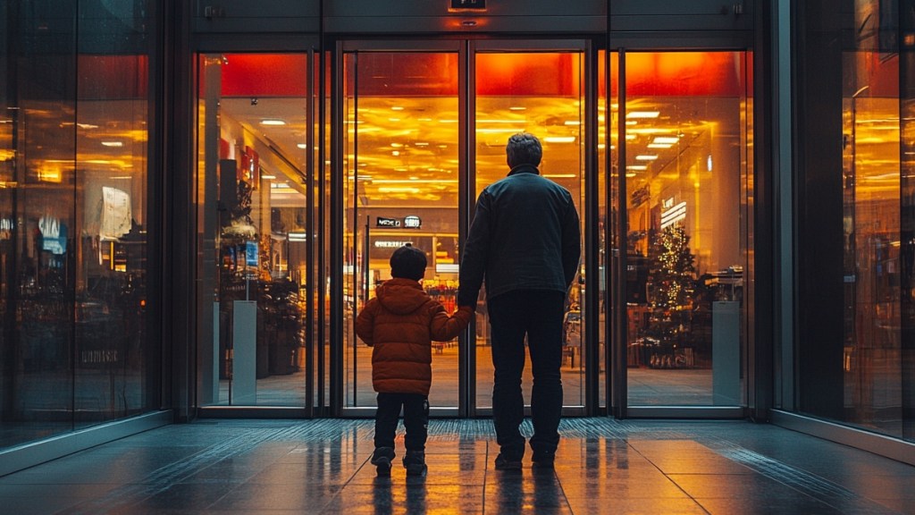 Ein Vater und ein Sohn stehen vor einem Einkaufszentrum. (KI-generiert)