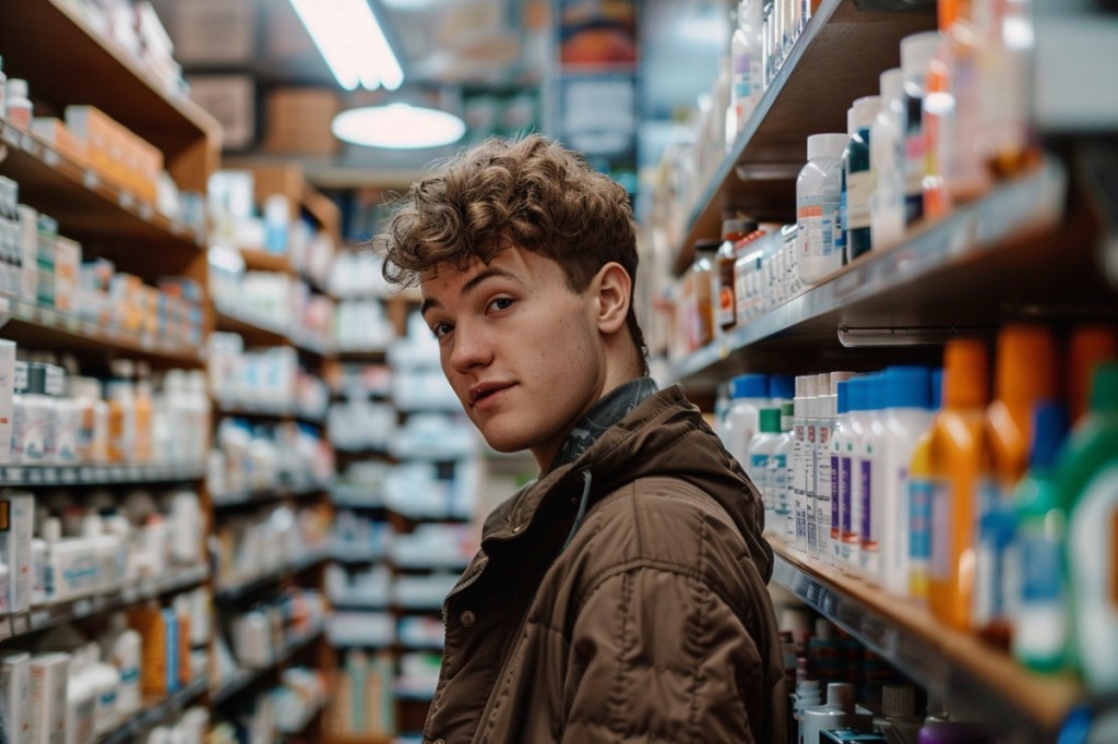 Ein junger Mann steht in einer Apotheke zwischen den Regalen.