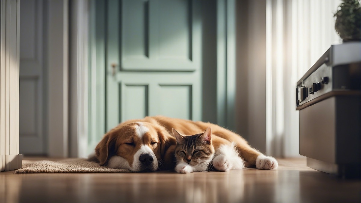 Ein Hund und eine Katze kuscheln und schlafen gemeinsam in einem Wohnzimmer auf dem Boden.