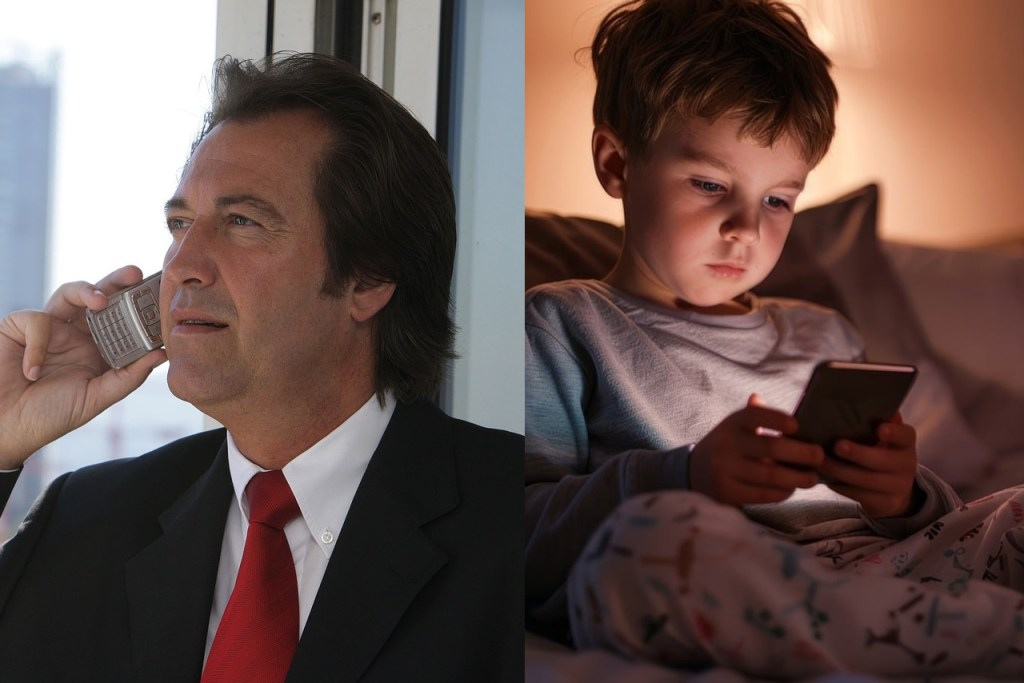 Eine Bild-Collage mit einem telefonierenden Geschäftsmann auf der linken und einem kleinen Jungen mit Handy auf der rechten Seite.