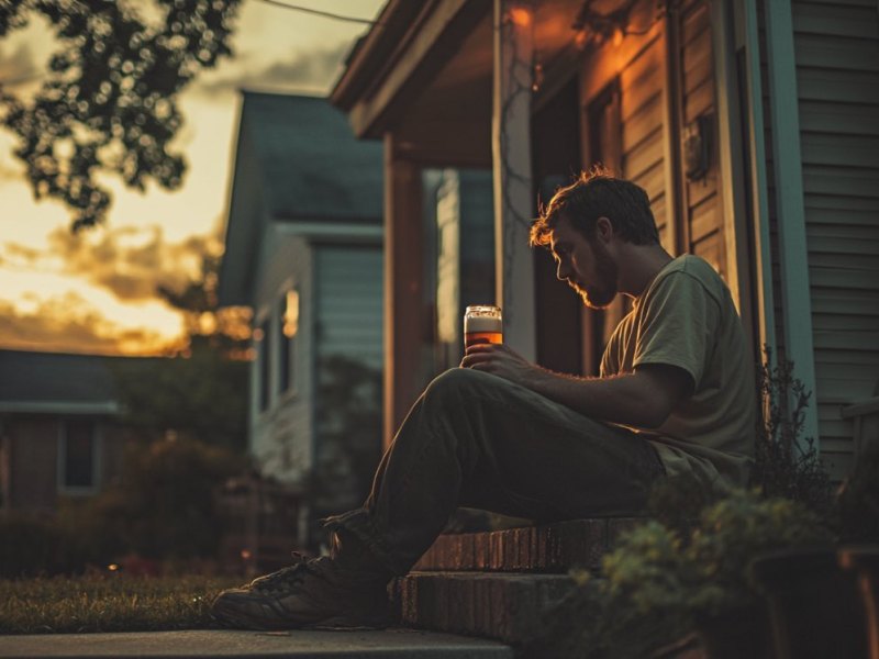Ein betrunkener Mann sitzt im Abendlicht vor der Tür eines Hauses und trinkt ein Bier.