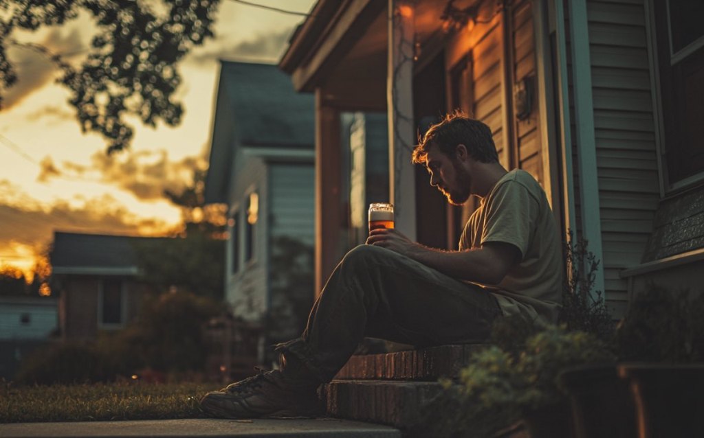 Ein betrunkener Mann sitzt im Abendlicht vor der Tür eines Hauses und trinkt ein Bier.