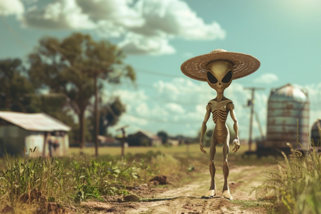 Ein Bild von einem Alien mit Strohhut auf einem Bauernhof.