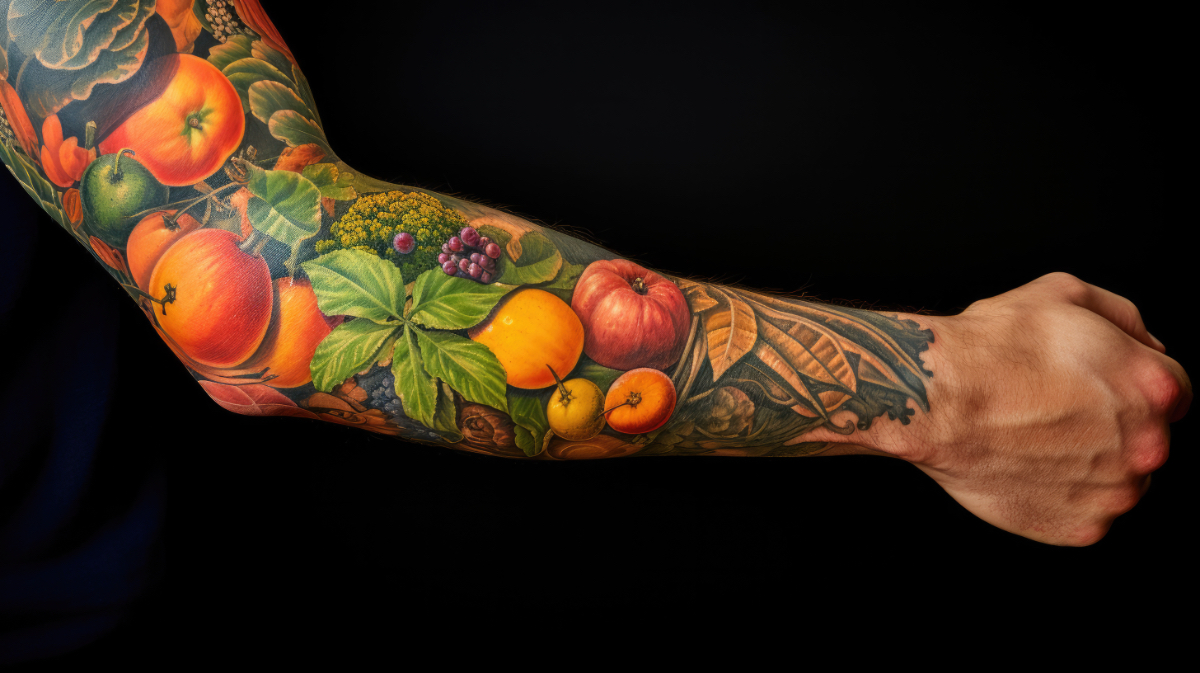 Ein Arm mit Frucht-Tattoos vor schwarzem Hintergrund.