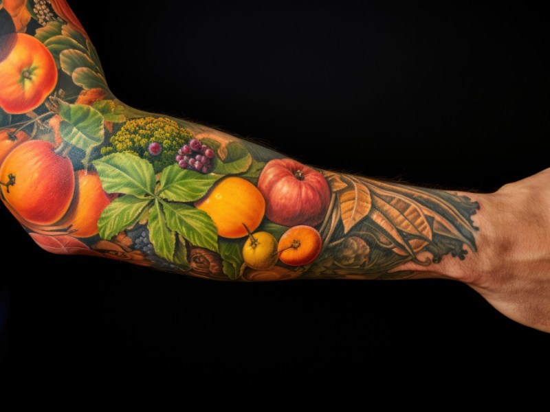 Ein Arm mit Frucht-Tattoos vor schwarzem Hintergrund.
