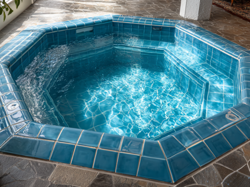 Draufsicht auf einen achteckigen Pool mit blauen Fliesen. (KI-generiert)