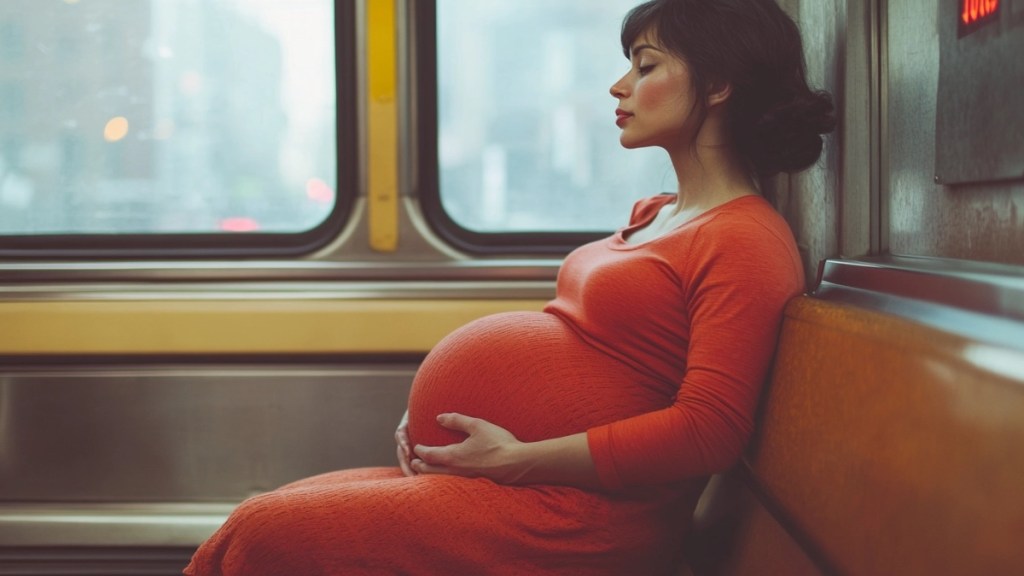 Eine schwangere Frau in der U-Bahn.
