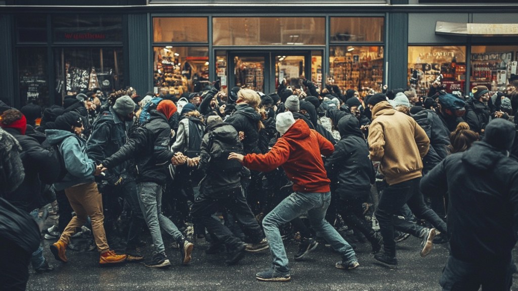 Menschen vor einem Supermarkt. (KI-generiert)