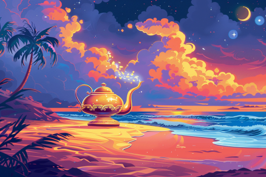 Illustration einer Wunderlampe am Strand.