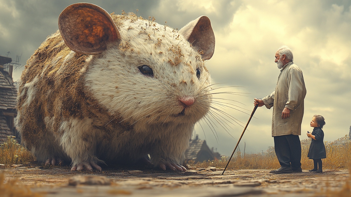 Eine riesige Maus und ein alter Mann und ein Kind. (KI-generiert)