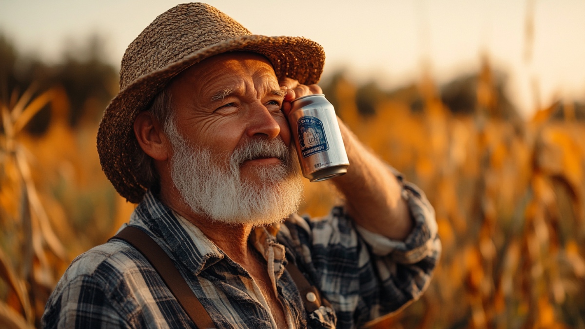 Ein Landwirt mit Bierdose am Ohr. (KI-generiert)