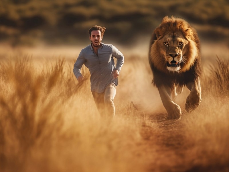 Ein Mann flieht vor einem Löwen.
