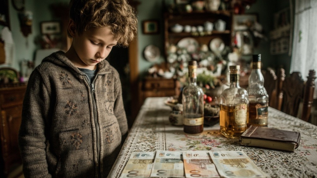 Ein 10-jähriger Junge steht vor einem Esstisch, auf dem ein 10-Euro-Schein, eine Flasche Whiskey und eine Bibel liegen. (KI-generiert)