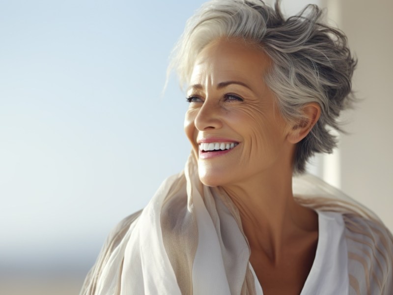 Eine glückliche Frau mit grauen Haaren.