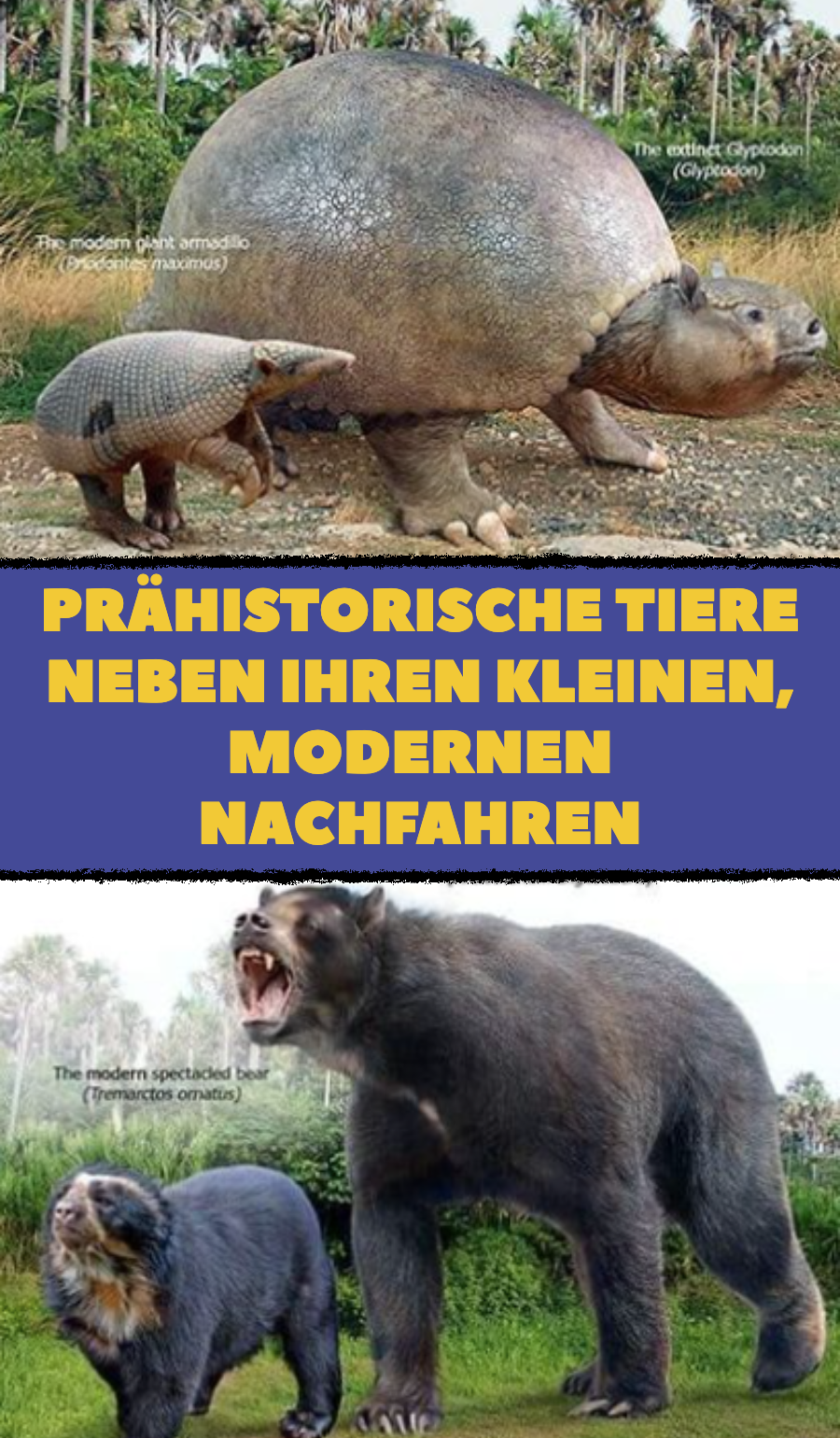 Prähistorische Tiere neben ihren kleinen, modernen Nachfahren