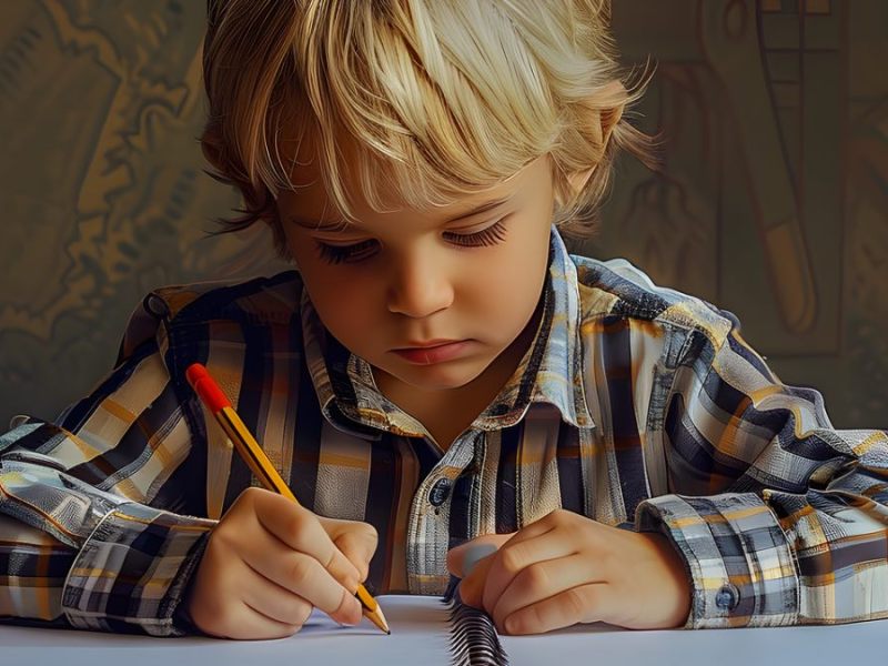 Ein blonder kleiner Junge macht seine Hausaufgaben.