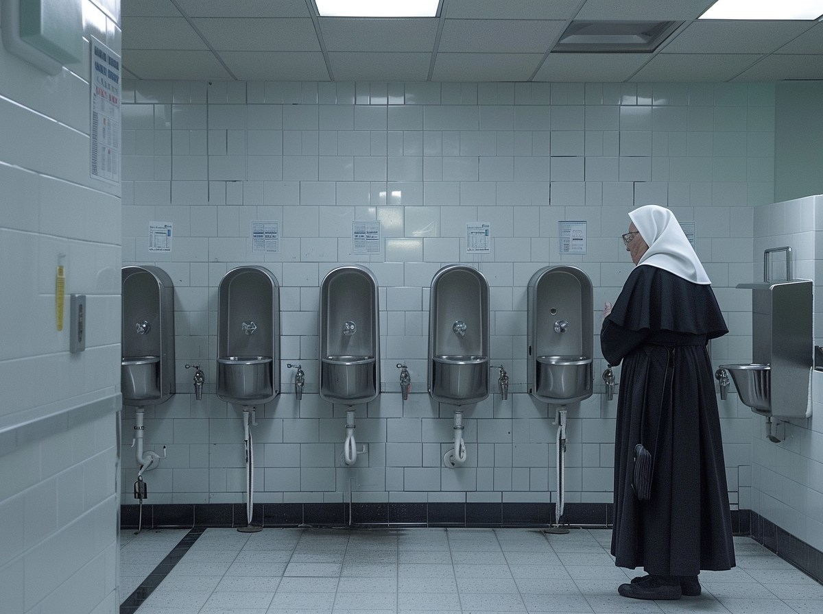 Eine Nonne steht in einer Herrentoilette.
