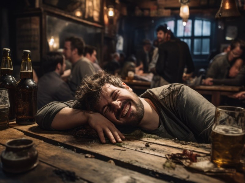 Ein betrunkener Mann liegt mit dem Kopf auf einem Tisch in eienr Kneipe.