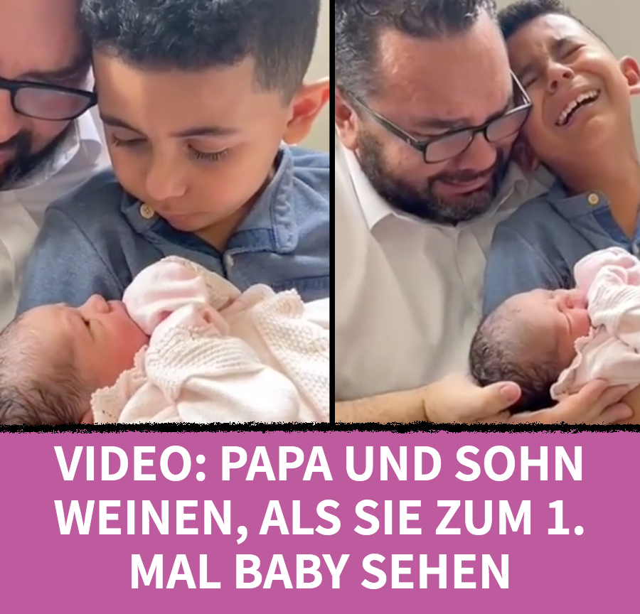 Mutter filmt Reaktion von Vater und Sohn auf Baby