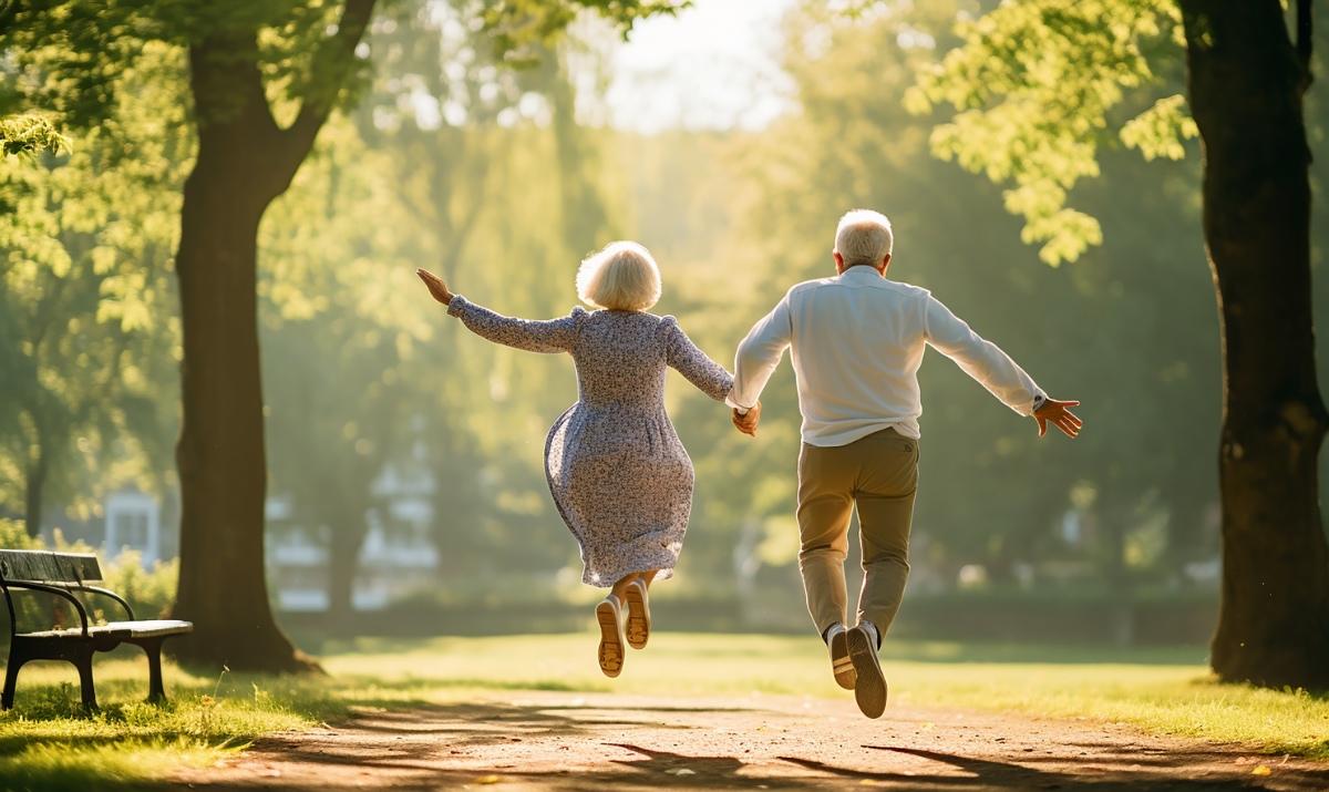 Ein glückliches Rentner-Paar springt in einem Park vor Freude in die Luft