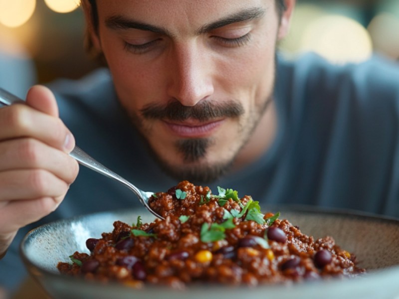 Ein Mann isst eine Portion Chili con Carne in einem Restaurant. (KI-generiert)