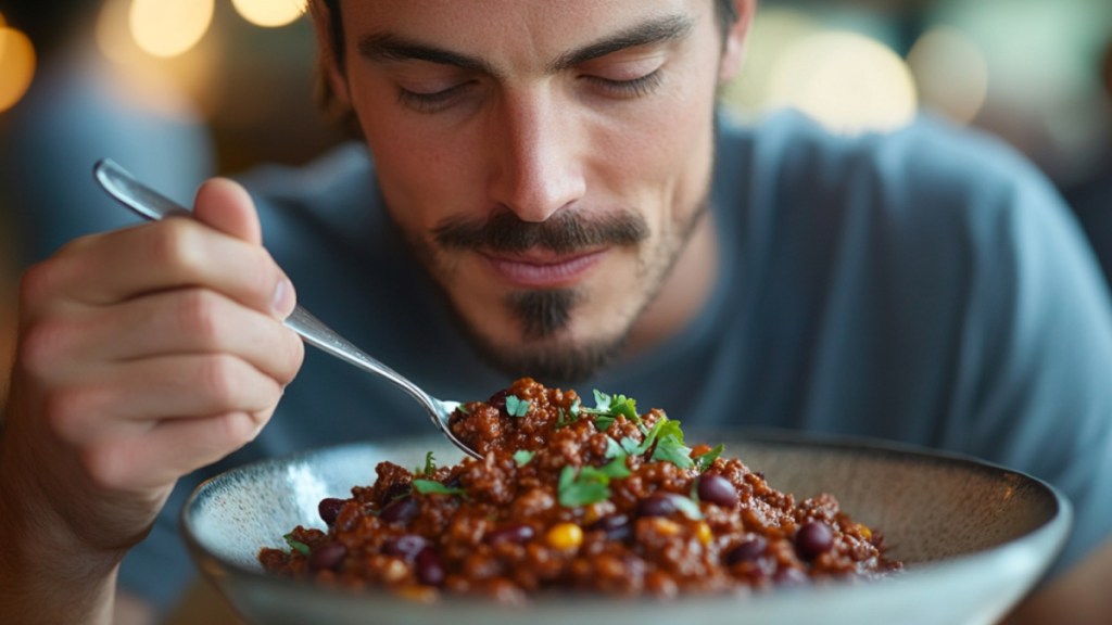 Ein Mann isst eine Portion Chili con Carne in einem Restaurant. (KI-generiert)