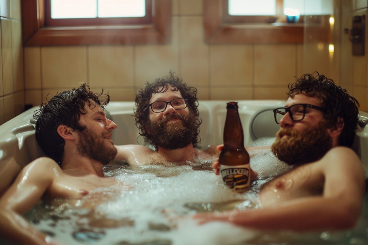 Drei Männer trinken Bier in einem Whirlpool.