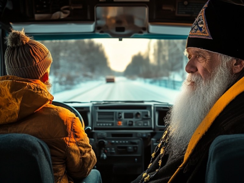 Ein Priester und ein Lkw-Fahrer. (KI-generiert)