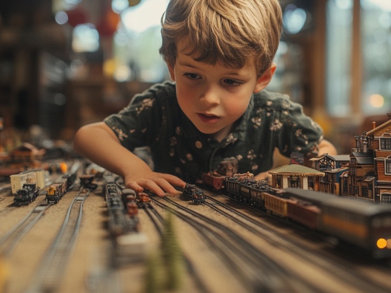 Ein Junge mit einer Modelleisenbahn. (KI-generiert)