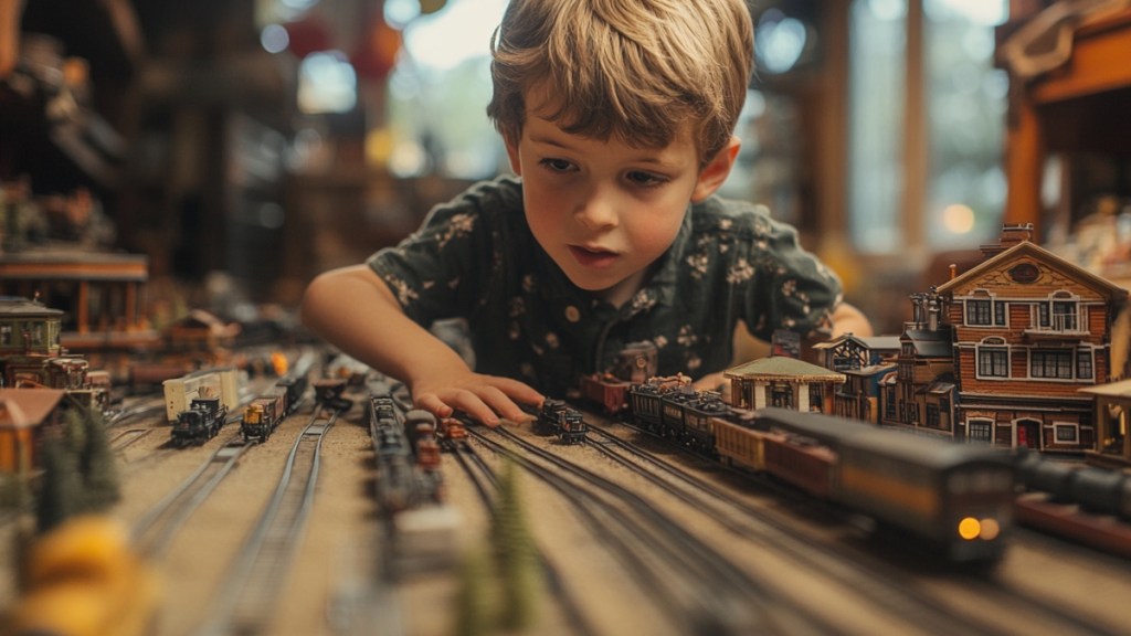 Ein Junge mit einer Modelleisenbahn. (KI-generiert)