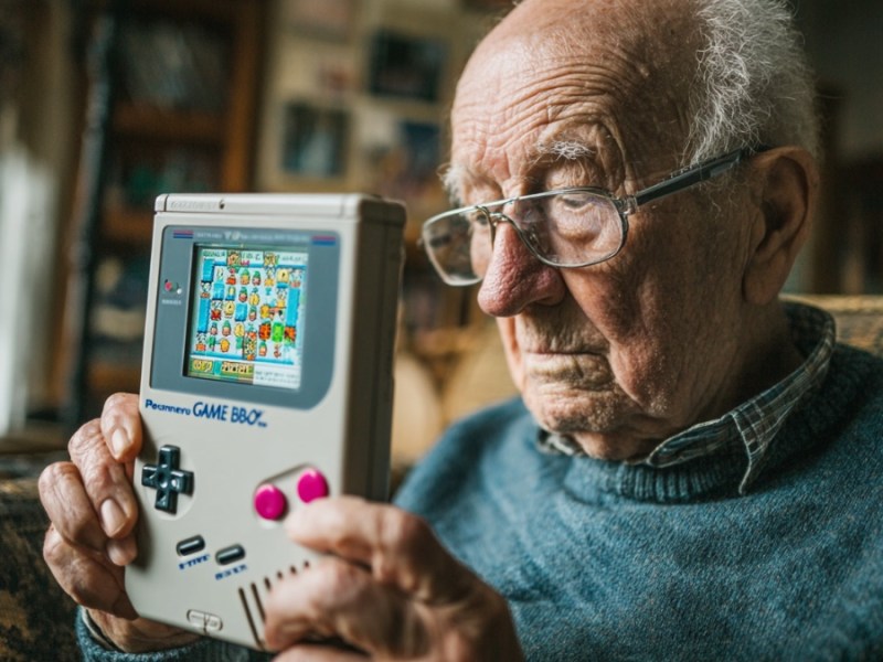Alter Mann mit Gameboy. (KI-generiert)