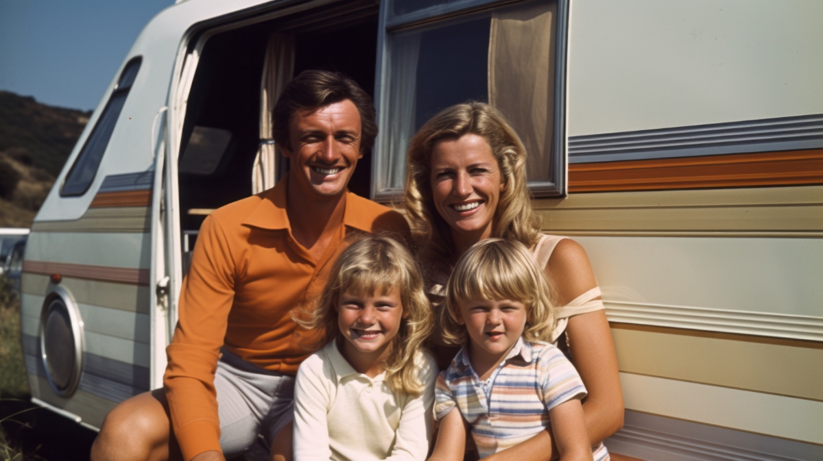 Ein altes Foto von einer Familie mit zwei Kindern vor ihrem Campingbus.