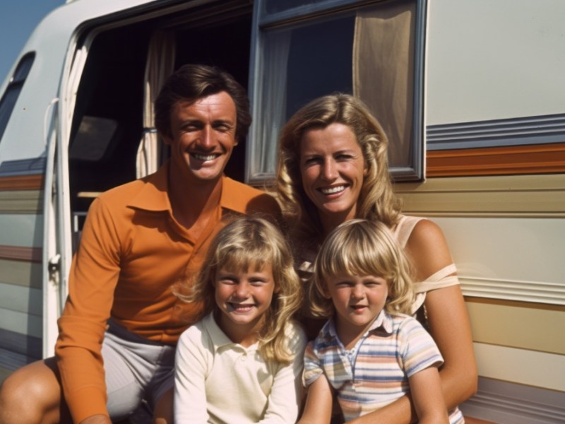 Ein altes Foto von einer Familie mit zwei Kindern vor ihrem Campingbus.