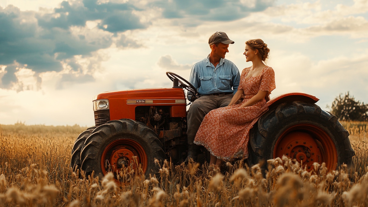 Mann und Frau auf Traktor. (KI-generiert)