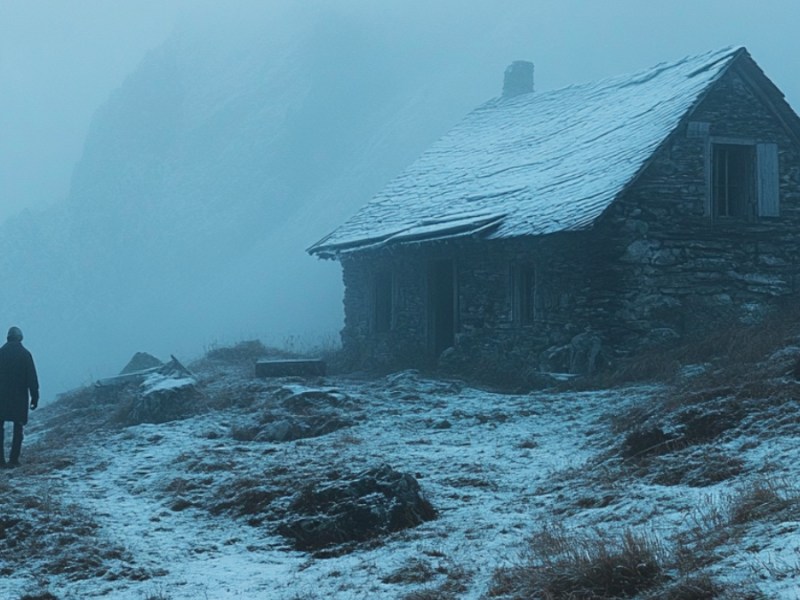 Ein Einsiedler in einer Hütte in den Alpen. (KI-generiert)
