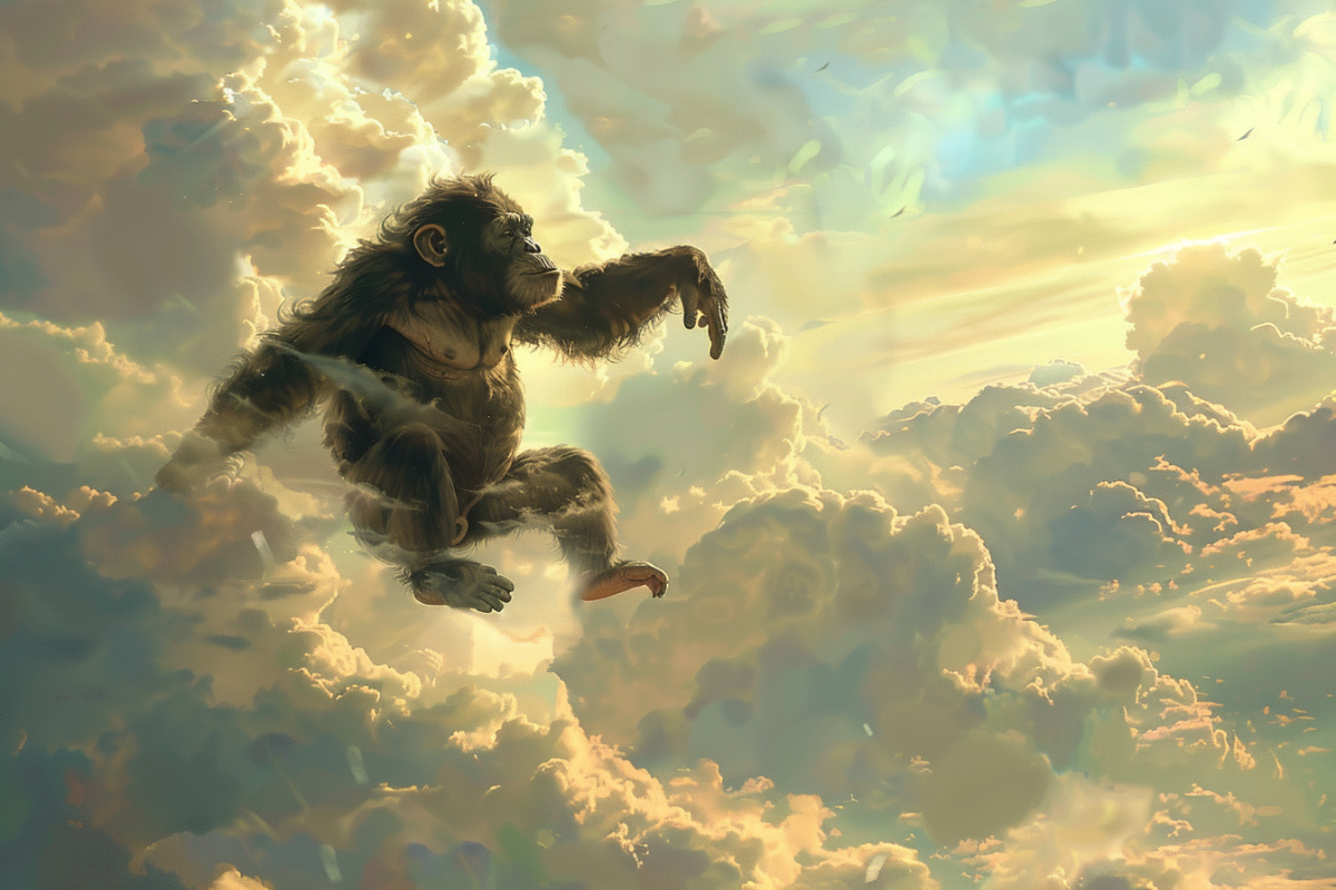 Ein Affe sitzt auf einer Wolke im Himmel.