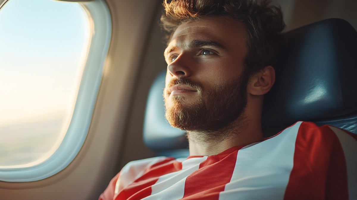 Ein Fußballer im Flugzeug. (KI-generiert)