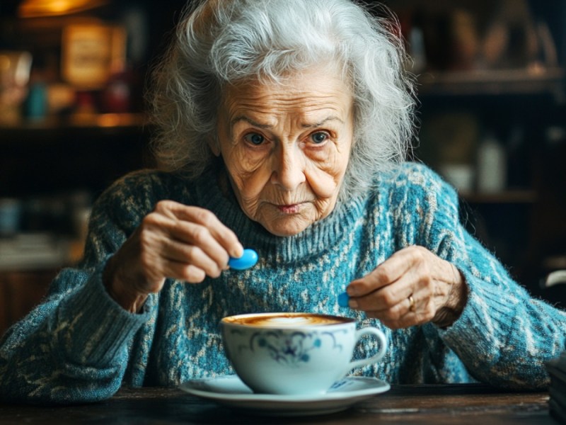 Eine alte Frau mit einer blauen Pille und einer Tasse Kaffee. (KI-generiert)