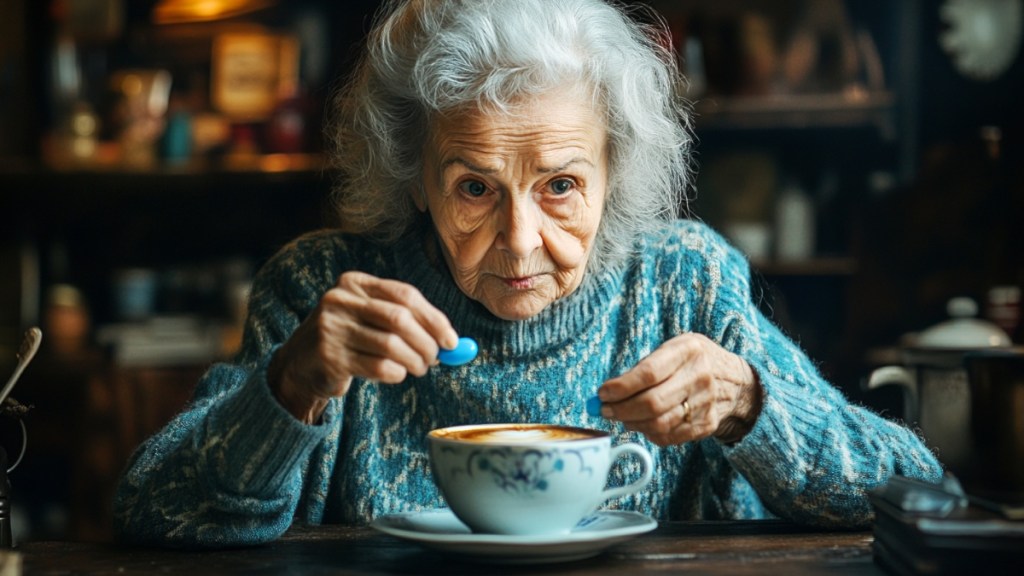 Eine alte Frau mit einer blauen Pille und einer Tasse Kaffee. (KI-generiert)