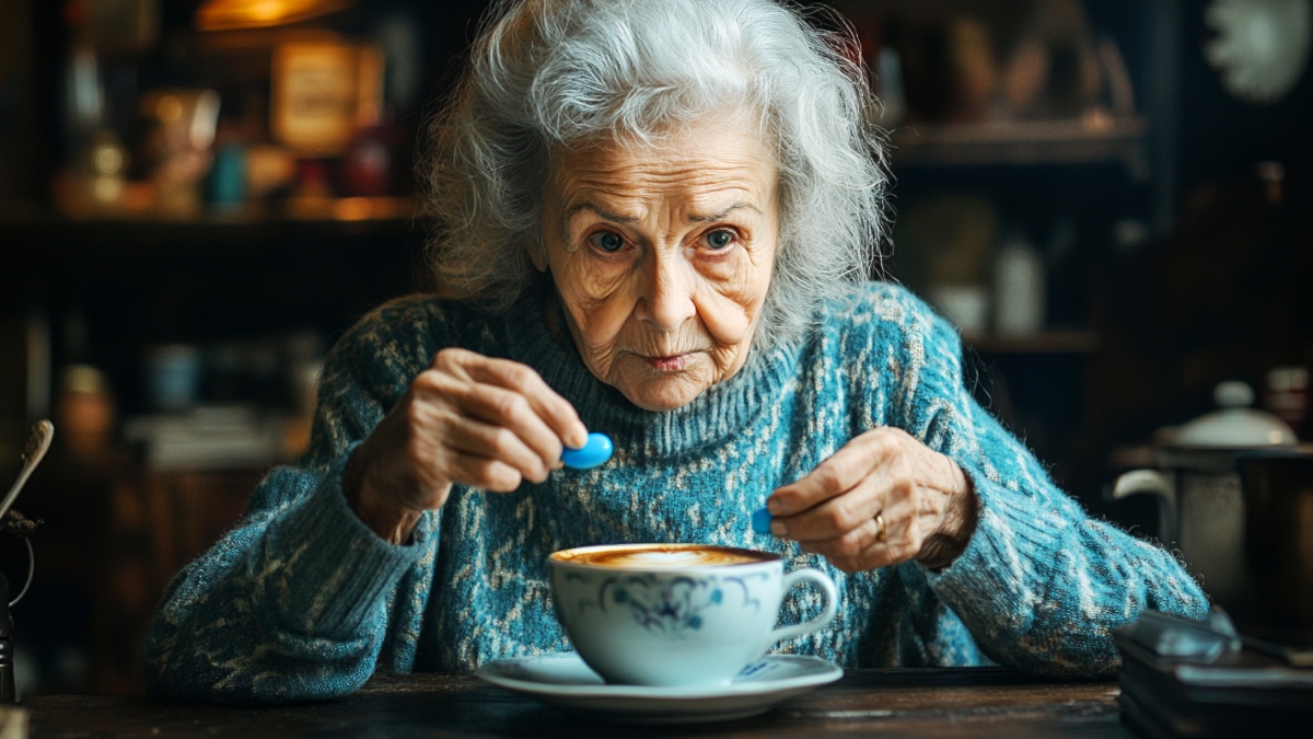Eine alte Frau mit einer blauen Pille und einer Tasse Kaffee. (KI-generiert)