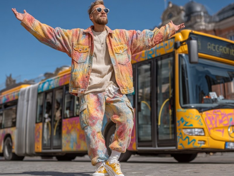 Mann tanzt vor Bus. (KI-generiert)