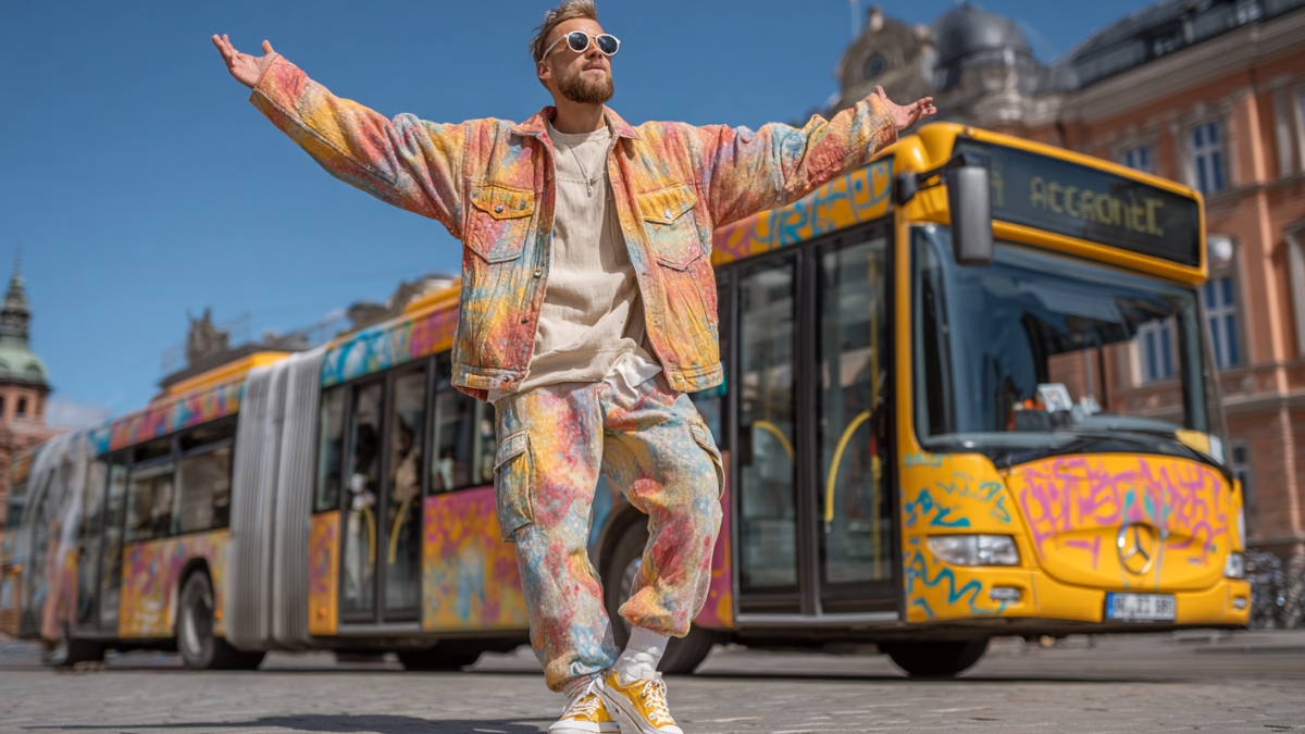 Mann tanzt vor Bus. (KI-generiert)