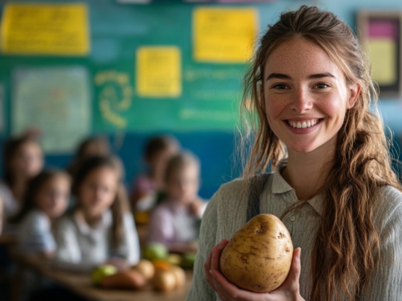 Lehrerin mit Kartoffel vor Klasse. (KI-generiert)